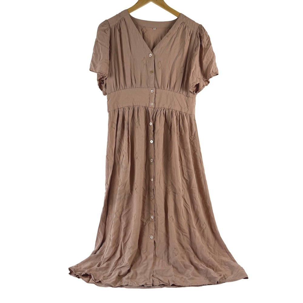 Embroidered Midi Dress Button Front V Neck Short Sleeve Peach Tan Earthy Boho L